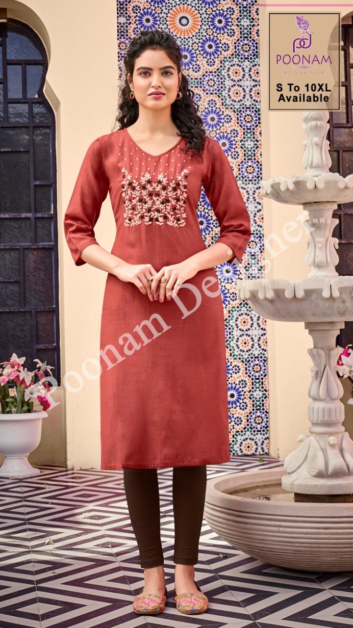 Poonam Kurti House 2 Ethnic Wear Fancy Embroidery Work Slub Cotton Kurtis Collection
