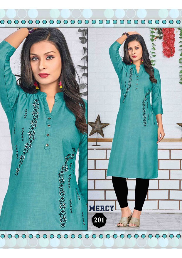 Mercy 2 Latest Designer Fancy Ethnic Wear Embroidery Work Rayon Slub Kurtis Collection
