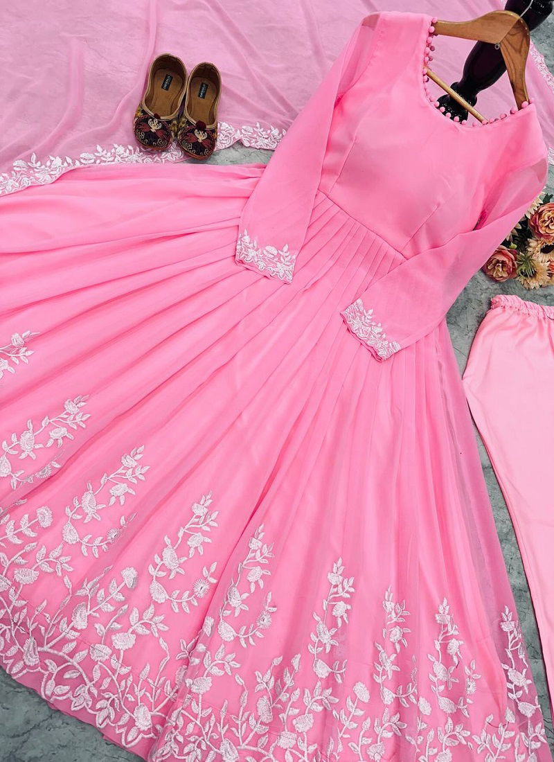 Krishi Designer Georgette Embroidery Anarkali Kurti With Bottom Dupatta Wholesale Price In Surat
