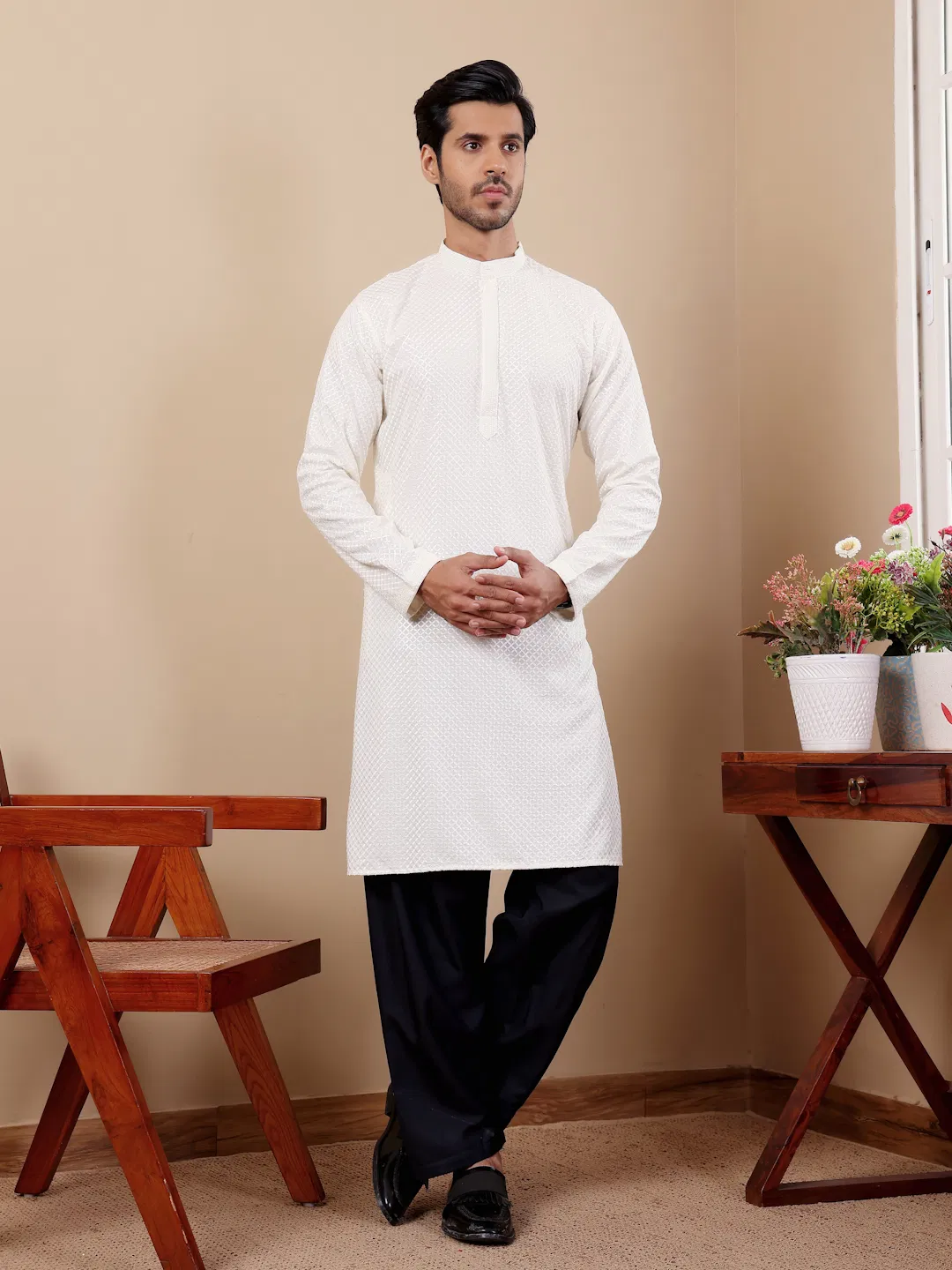 Rw Viscose Chikankari Work Kurta Pyjama Wholesale In India
