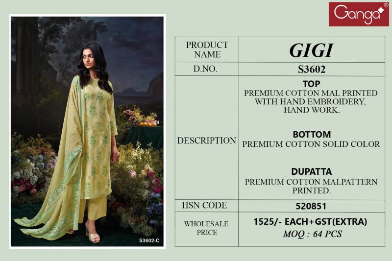 Gigi By Ganga Cotton Mal Printed Embroidered Salwar Kameez Bulk Orders In India