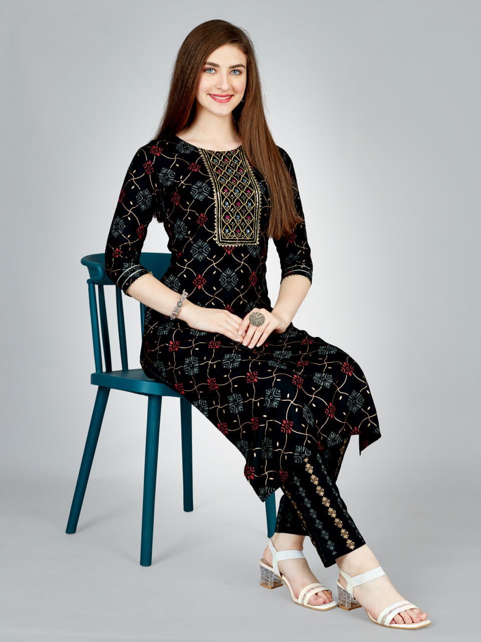 Radhika 1 Heavy Rayon Foil Printed Embroidery Kurti With Bottom Wholesale Shop In Surat
