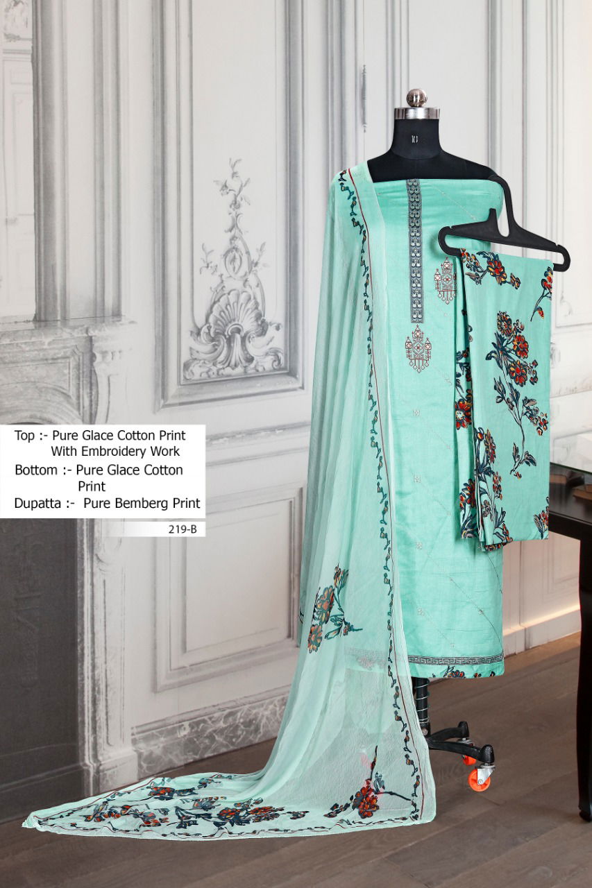 BIPSON 219 COLOURS Designer Festive Wear Cotton Glace Print Embroidery Work Top And Pure Bamber Chiffon Print Dupatta Dress Material Collection