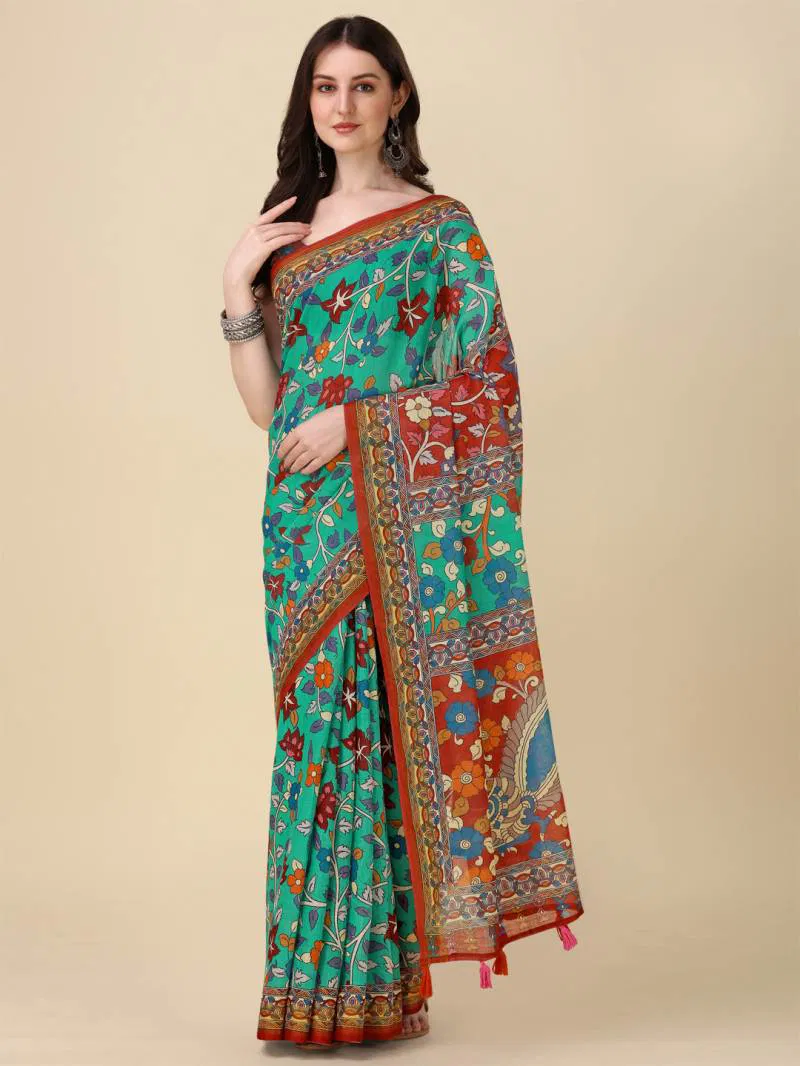 Kz Kalamkari Saree 1 Lilen Zari Patta Digital Kalamkari Printed Saree Suppliers In India