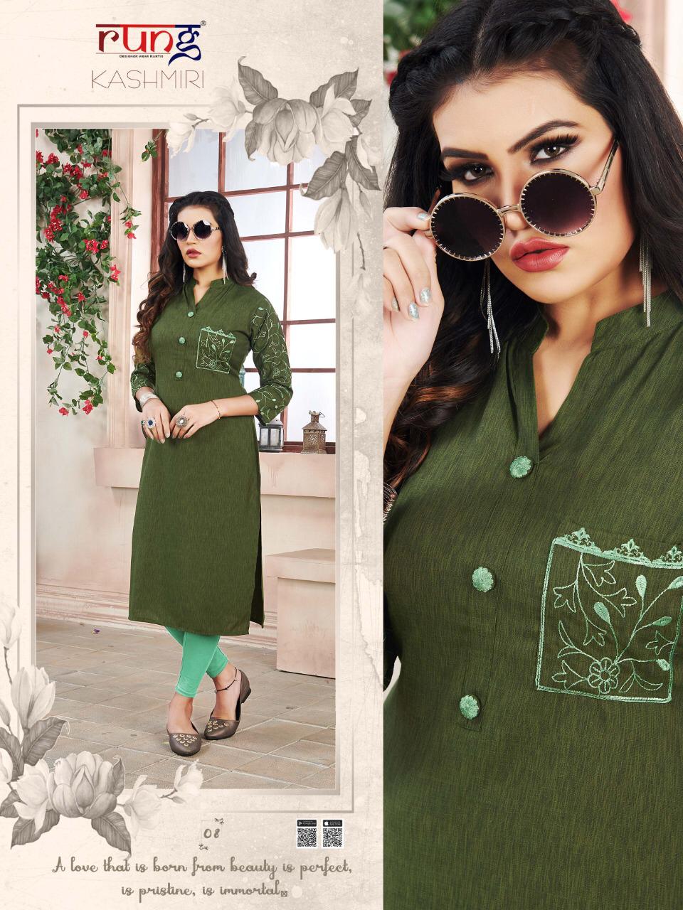 RUNG KASHMIRI Latest Fancy Regular Wear Heavy Luxuriya Rayon  With Manual Embroidery work Kurtis Collection
