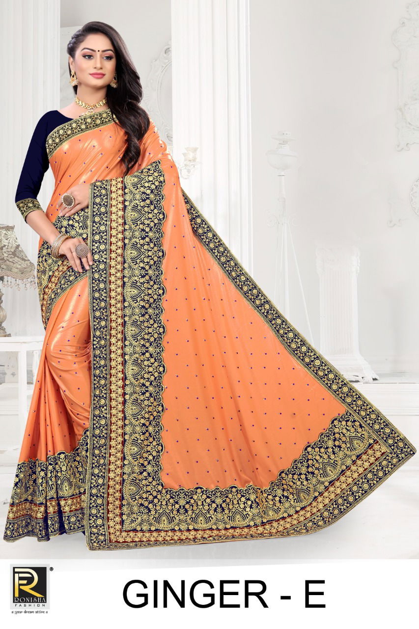 Ronisha Ginger Fancy Latest Wedding Wear Heavy Embroidery Worked Border Saree Collection