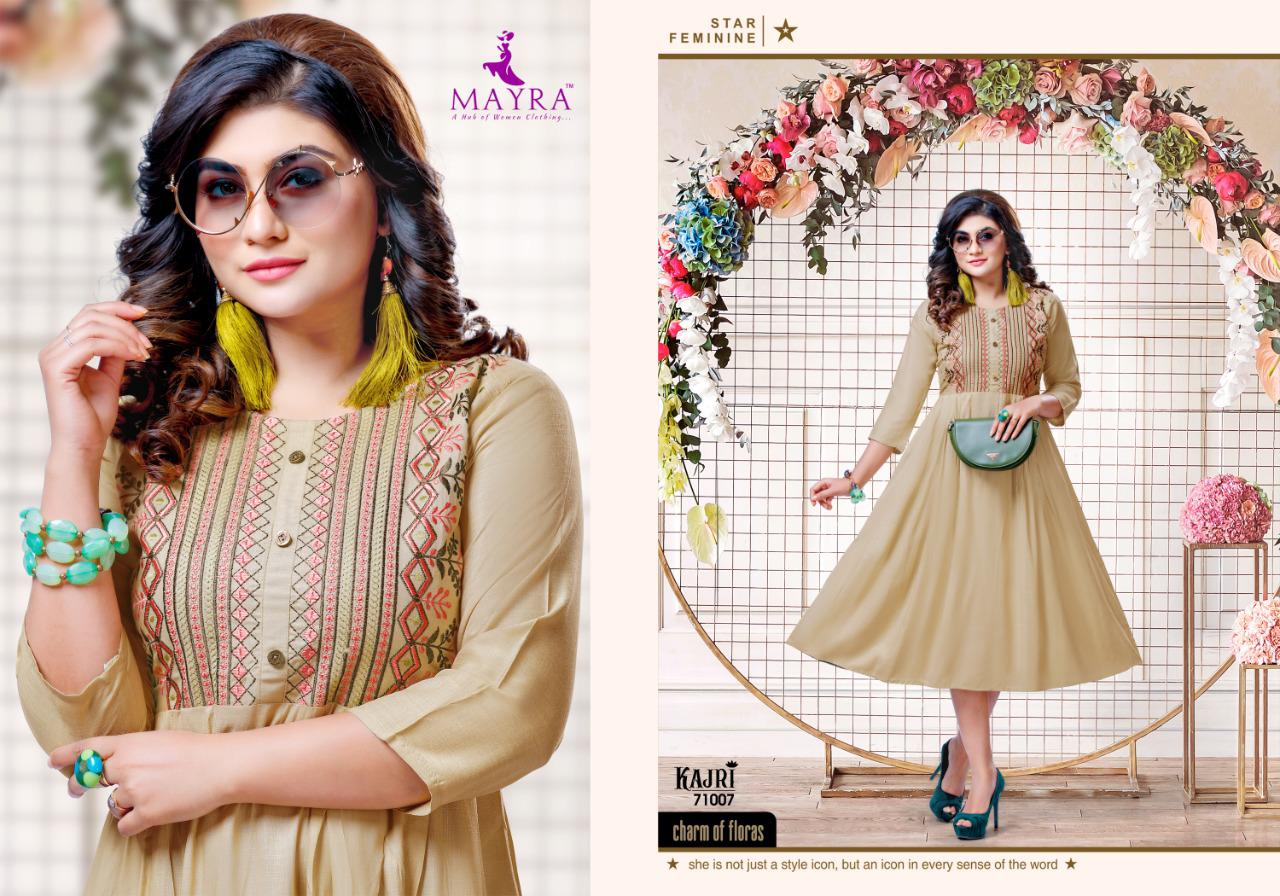 Mayra Kajri Latest Fancy Casual Wear Rayon Embroidery Work Anarkali Kurtis Collection
