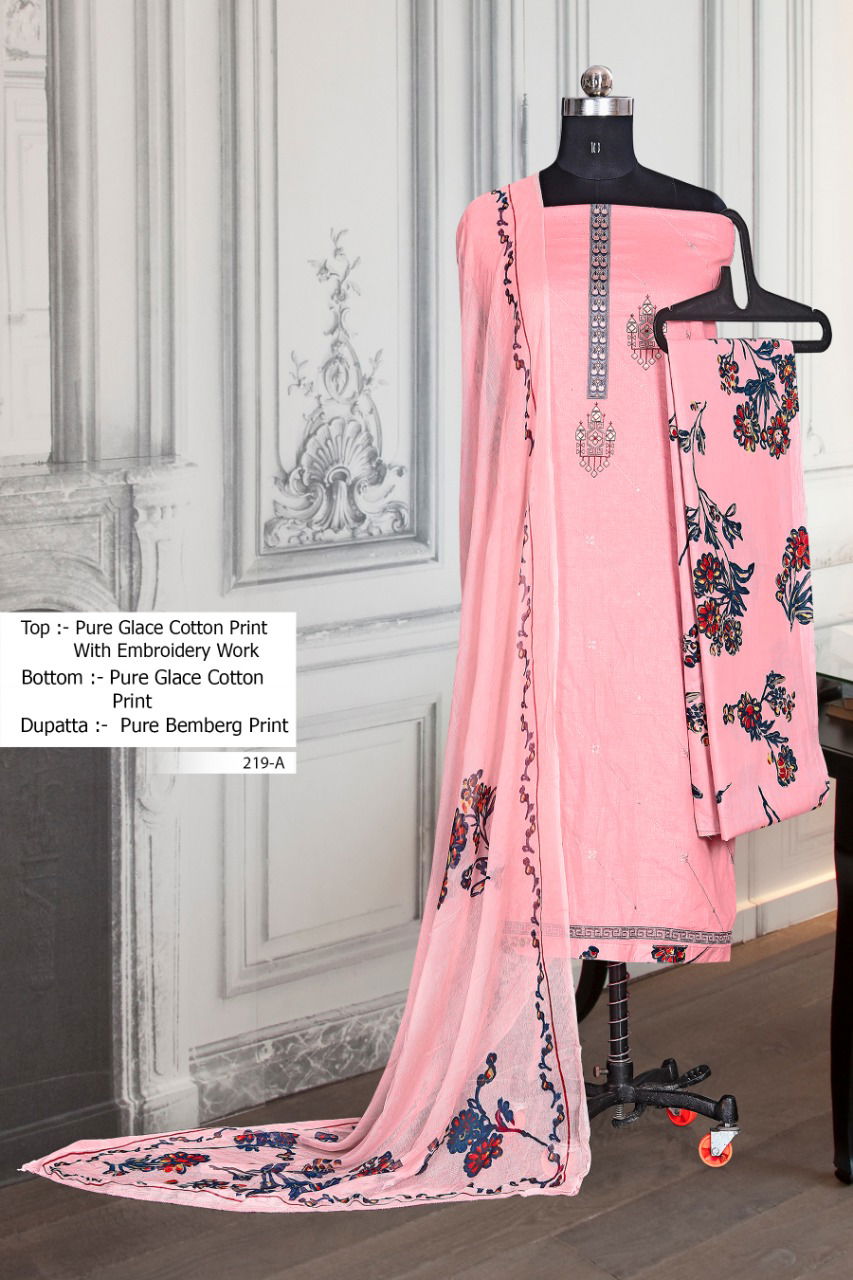BIPSON 219 COLOURS Designer Festive Wear Cotton Glace Print Embroidery Work Top And Pure Bamber Chiffon Print Dupatta Dress Material Collection