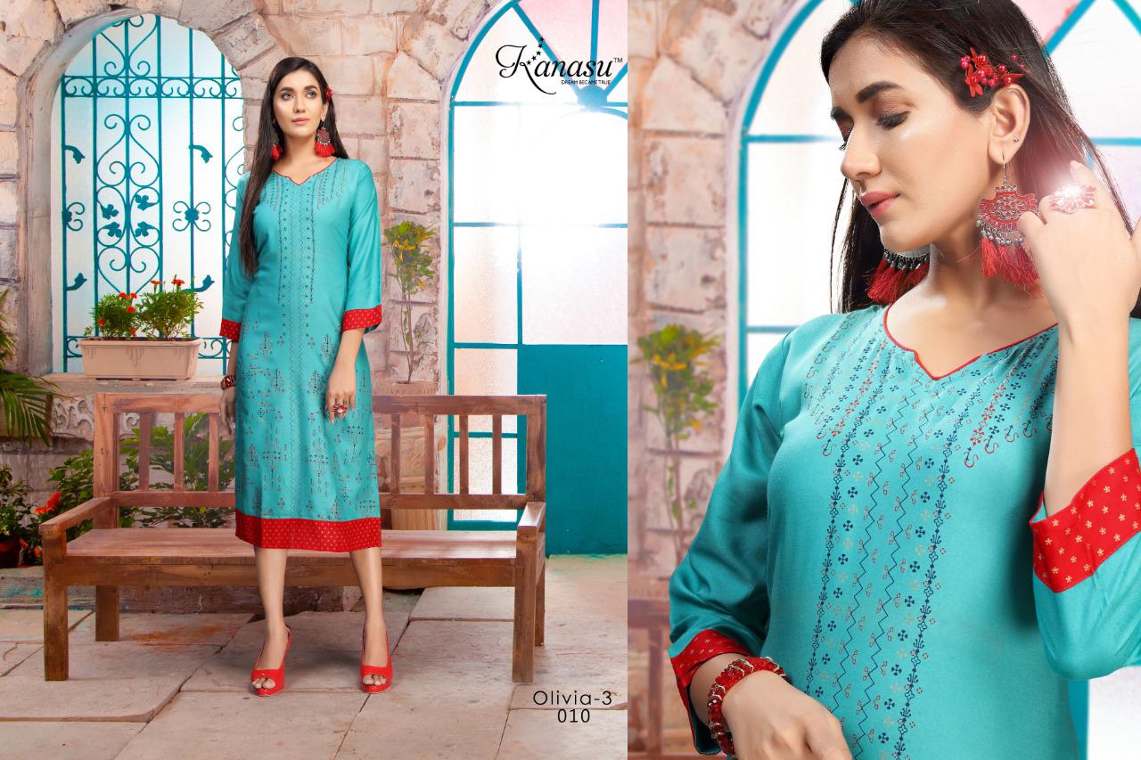 Kanasu Olivia 3 Latest Fancy Designer Heavy Rayon Straight Kurti Collection
