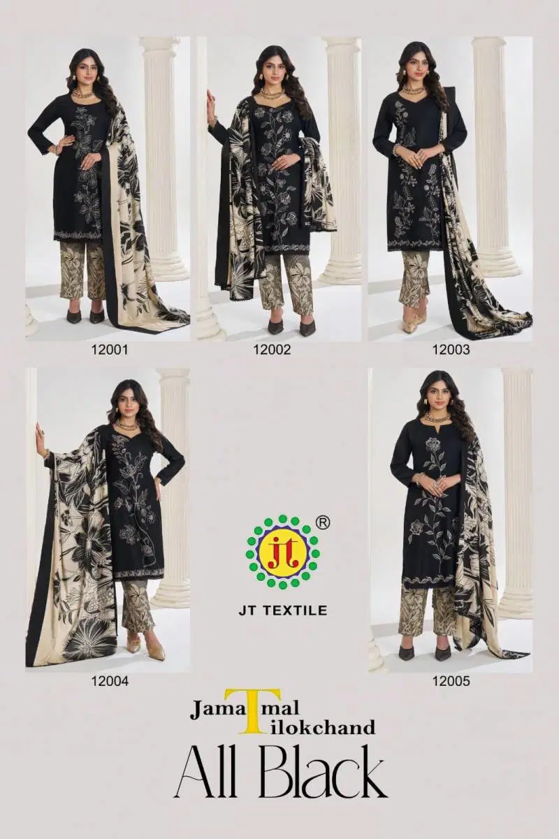 Jt All Black Vol 12 Rayon Embroidered Dress Material Wholesale In India