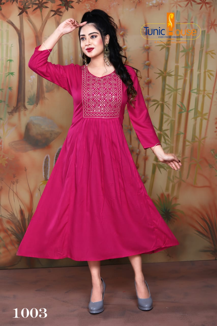 Tunic House Nek Nx Designer Ethnic Wear Embroidery Rayon Kurtis Collection
