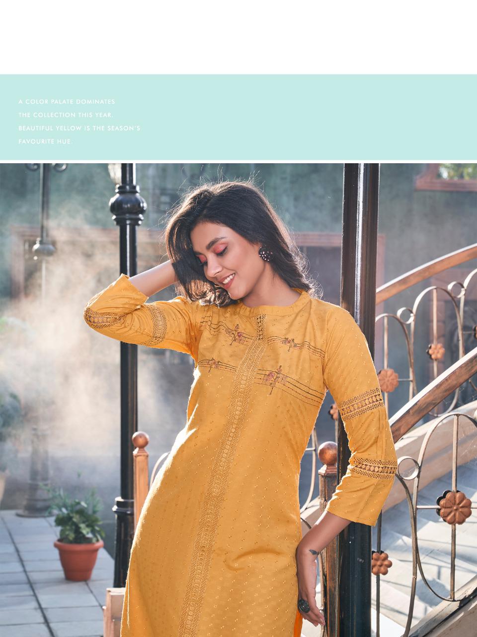 P3 Star Gold Latest Fancy Designer Ethnic Wear Poly Rayon Embroidery Kurti With Bottom Collection
