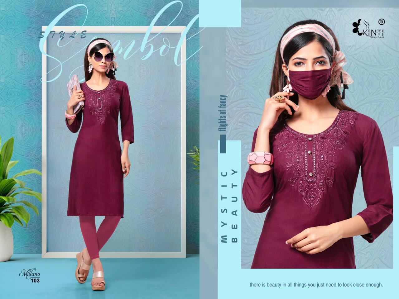 Kinti Millano Latest Designer Straight Neck Mirror Embroidery Work Style Kurtis Collection  