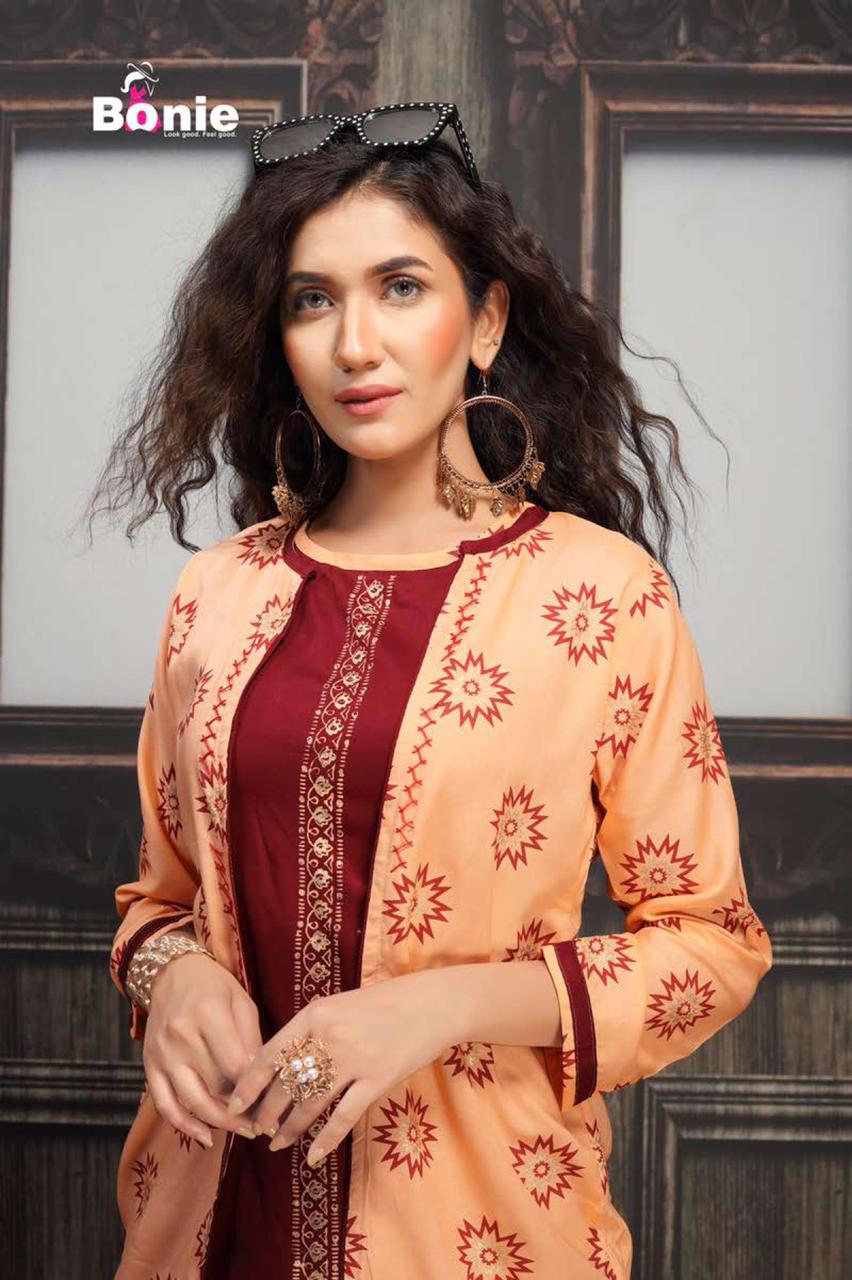 Bonie Jacket House Fancy Party Wear Jacket With Skirt rayon Printed Kurtis Collection
