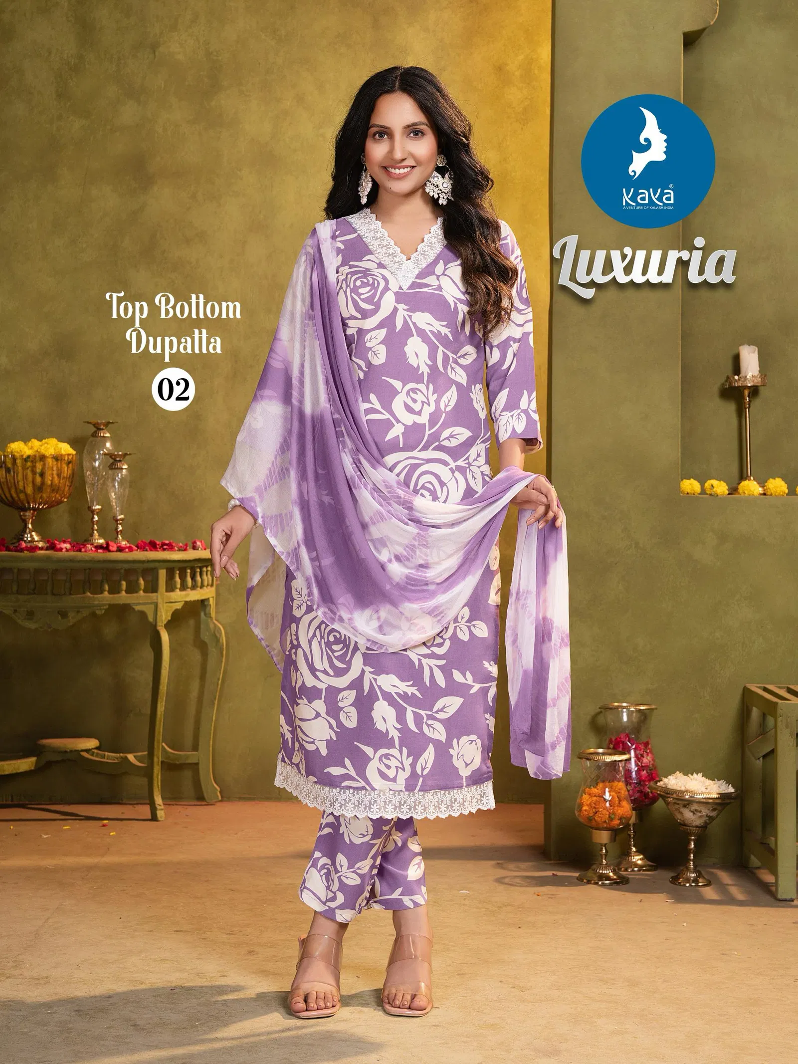 Luxuria By Kaya Rayon Printed Kurti With Bottom Dupatta Wholesale Price