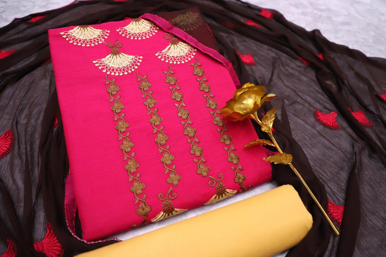 Maahi South Cotton Slub With Embroidery Work And Najmeen Embroifery Work Dupatta Dress Mterial OR Ready Made Collection