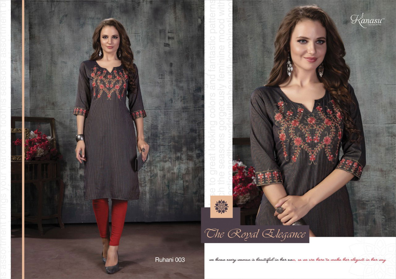 Kanasu Ruhani Straight Latest Designers Festive Wear Embroidery Work Rayon lining  Kurtis Collection