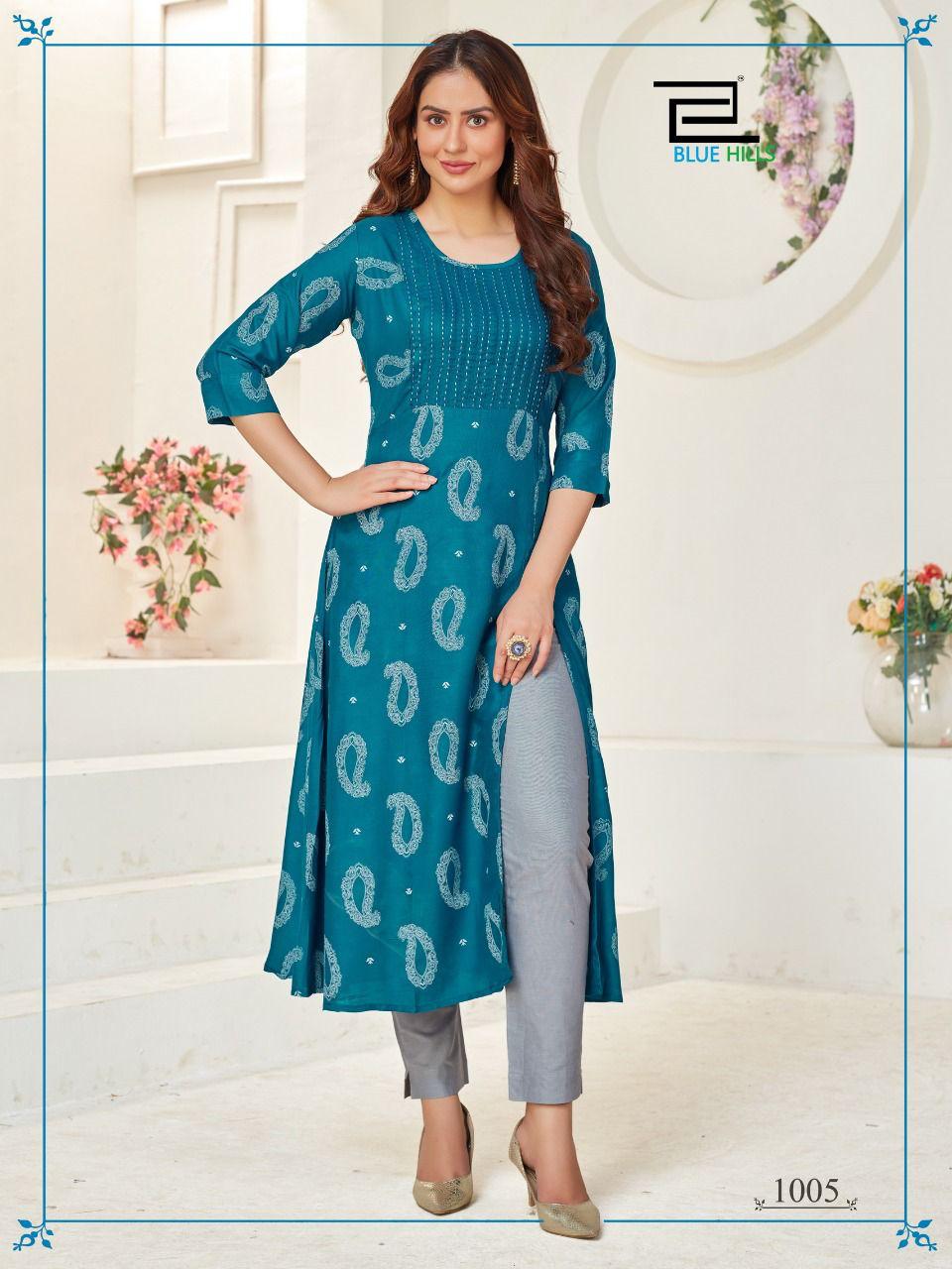 Blue Hills First Date 3 Latest Designers Party Wear Long Printed Kurtis Collection
