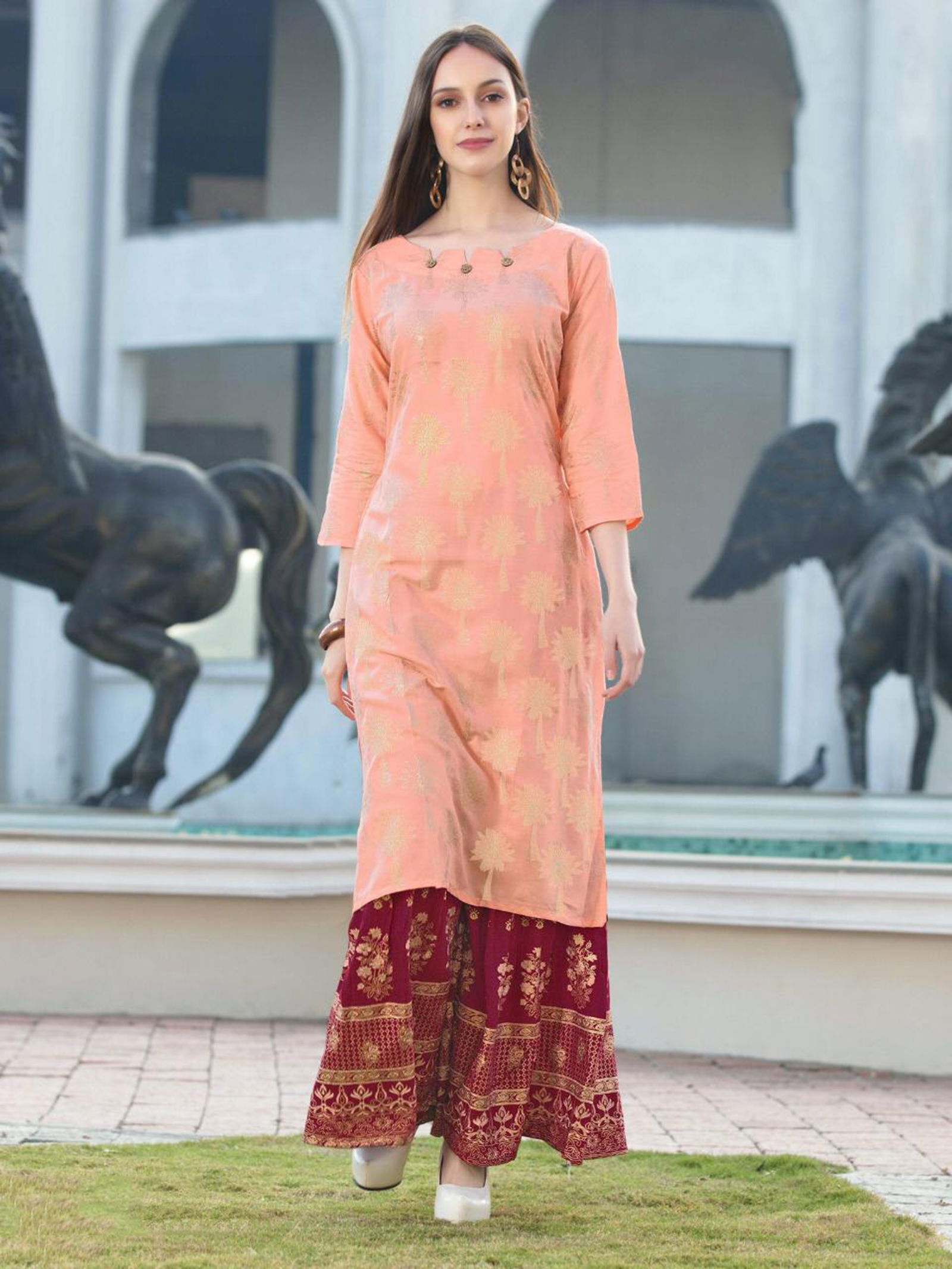 Rimzim 1 Latest Fancy Designer Ethnic Wear Rayon Foil Printed Kurtis With Palazzo Collection
