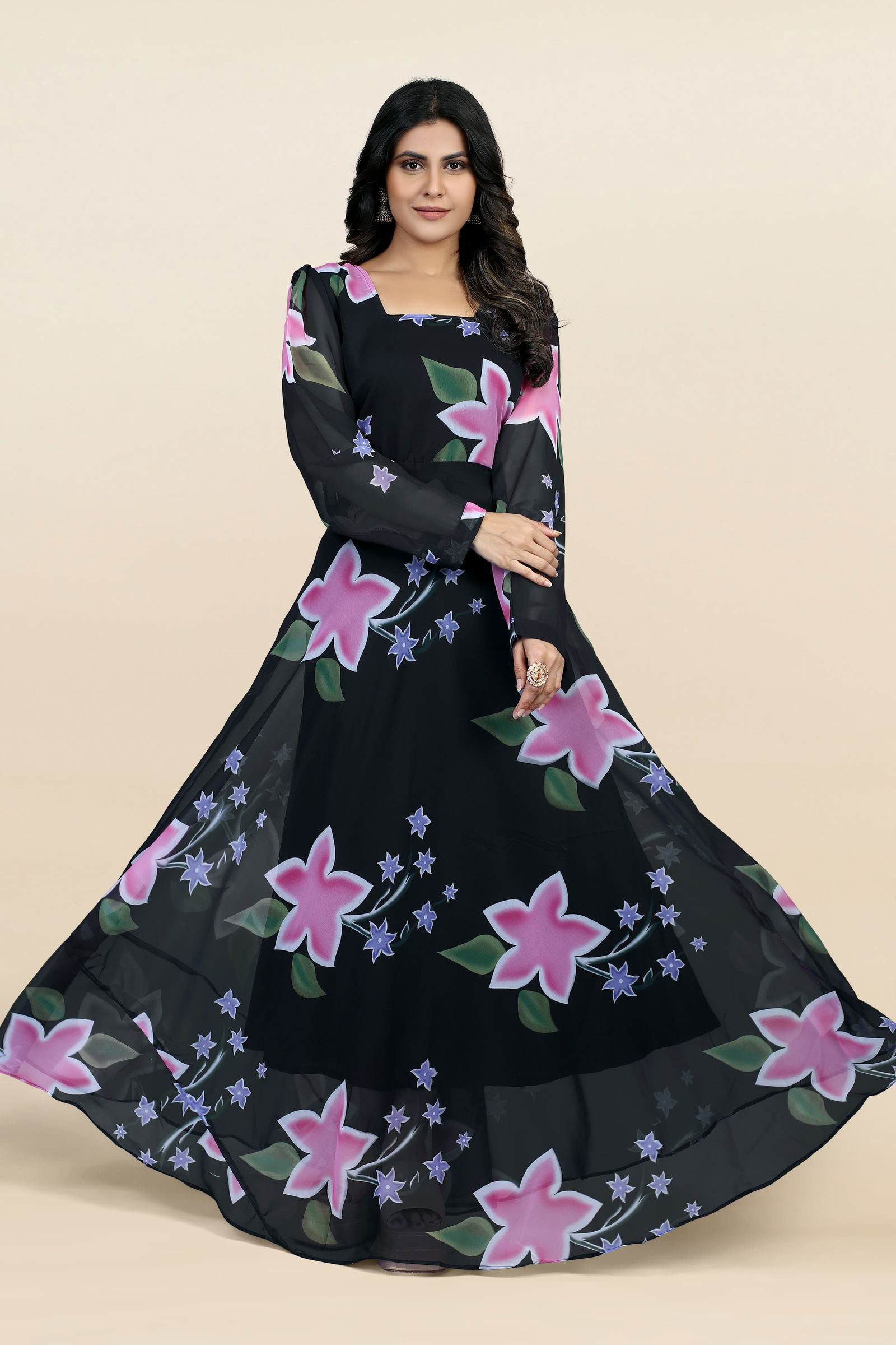 Black Flowers Printed Anarkali Gown Catalog