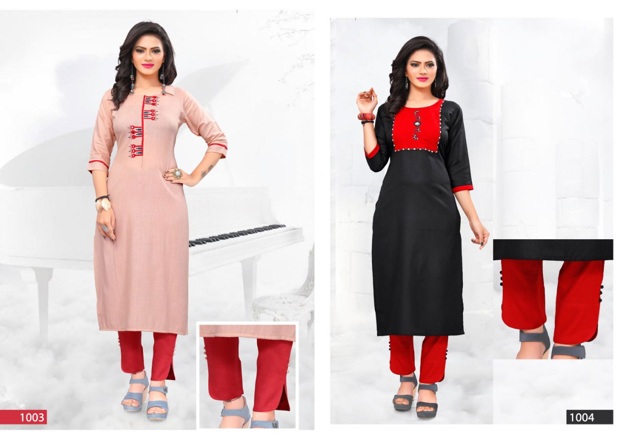 Heer Latest Ethnic Wear Heavy super Slub rayon mirror embroidery work  Kurti With potli detailing Bottom Collection
