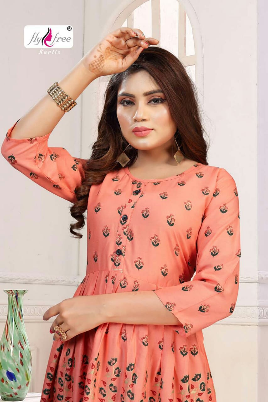 Fly Free Phonix Latest fancy bcasual wear Rayon Printed Designer Anarkali Kurtis Collection
