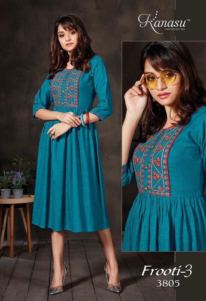 Kanasu Frooti 3 Ethnic Wear Fancy Rayon Flair Kurtis Collection

