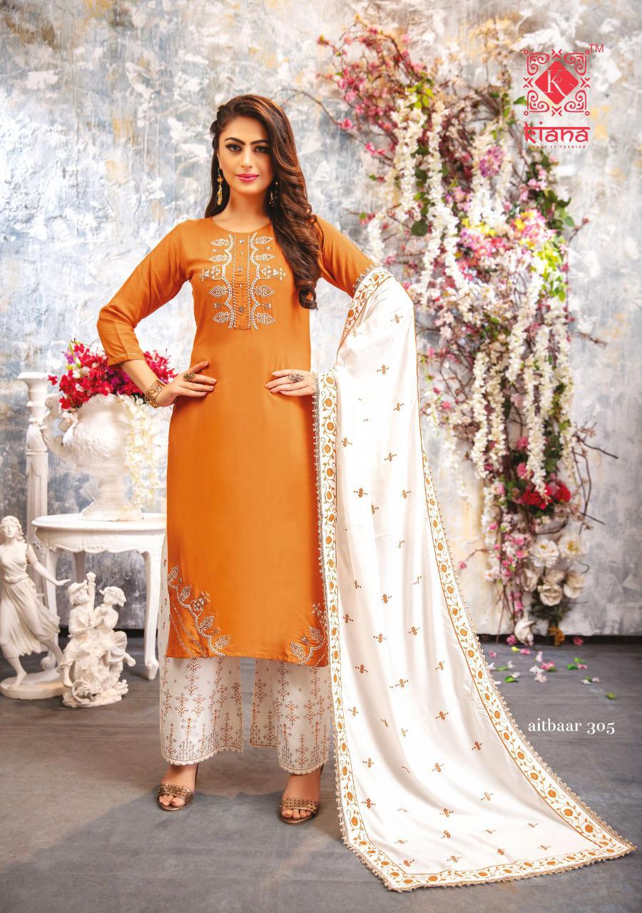 KIANA AITBAAR VOL-3 Latest Designer Fancy Festive Wear Rayon Top With Embroidery Work And Gold Print Readymade Salwar Suit Collection