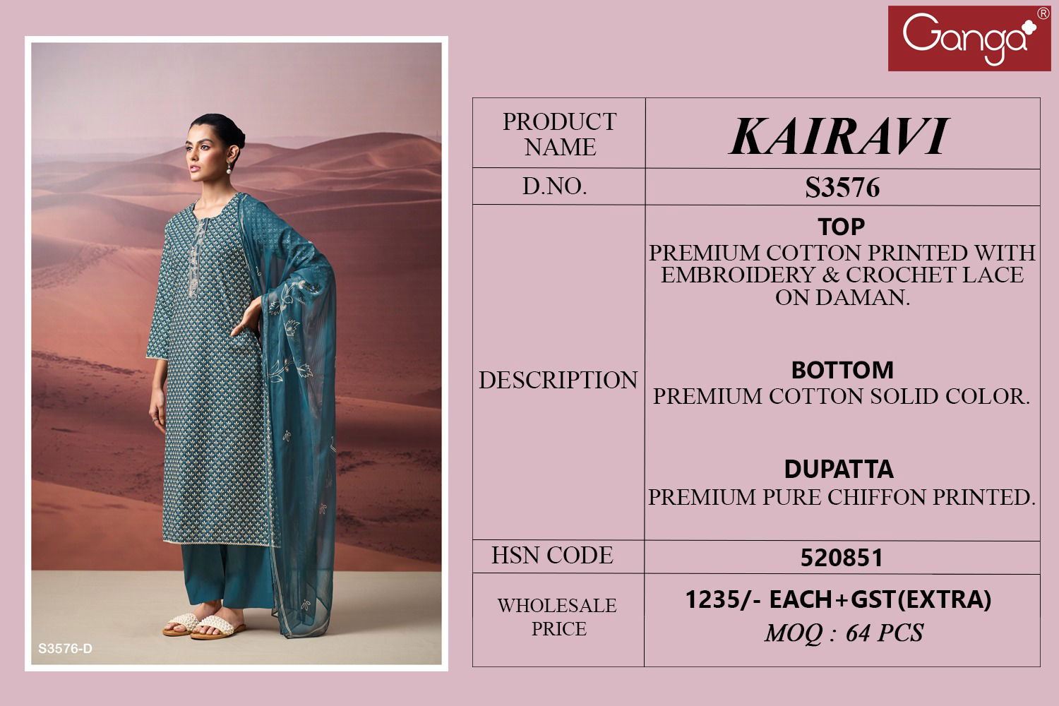 Kairavi 3576 By Ganga Cotton Printed Embroidery Salwar Suit Wholesale Market