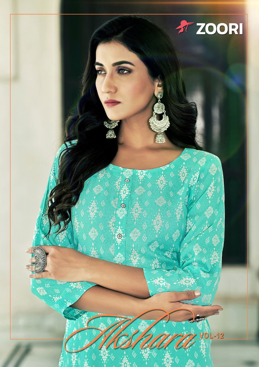 Zoori Akshara 12 Designer Fancy Regular Wear Rayon Printed Kurti Collection