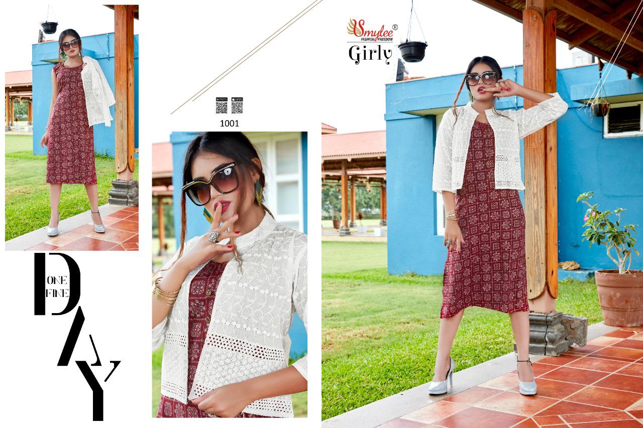 Smylee Girly Heavy Rayon Foil Printed Party Wear Kurti With Jacket Collection
