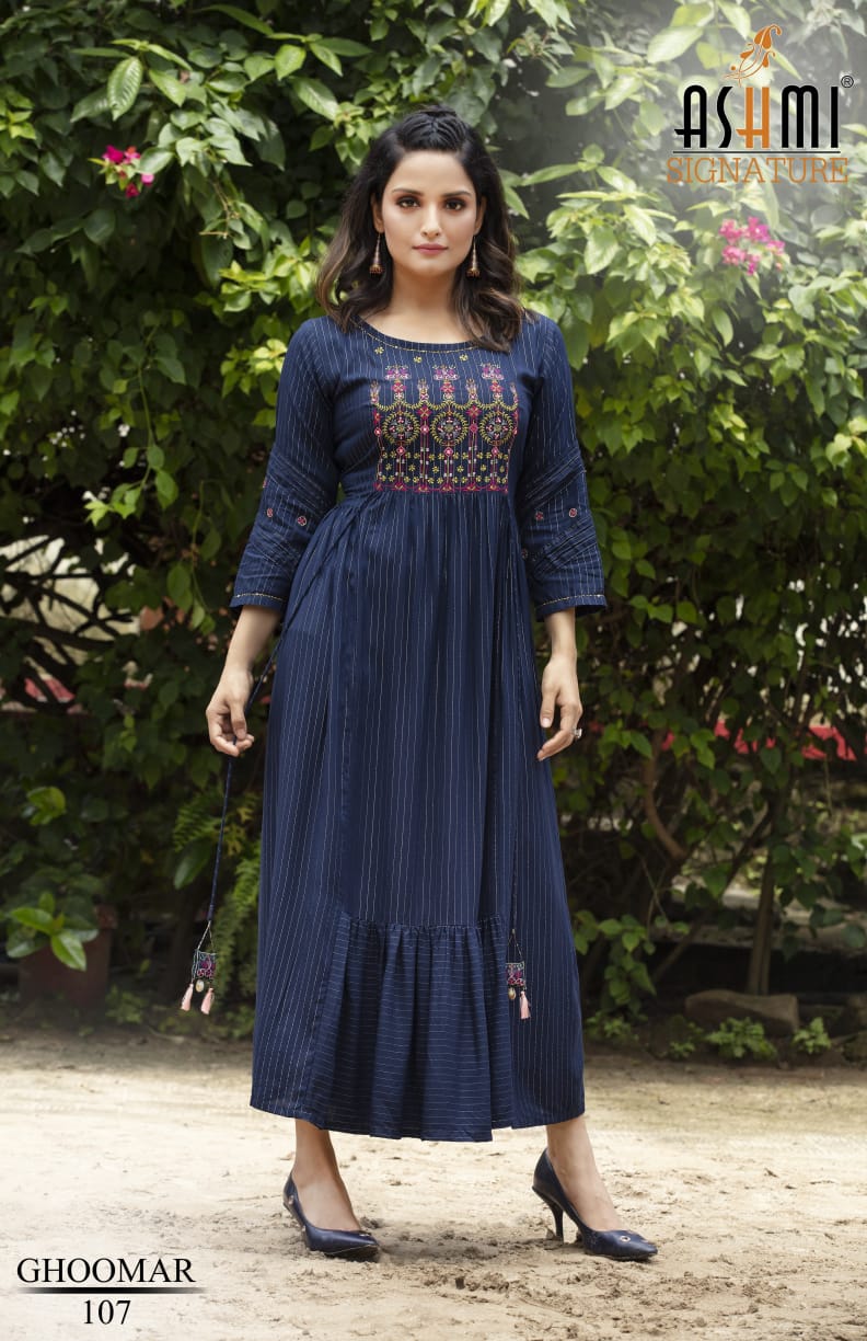 Ashmi Ghoomar New Exclusive Wear Rayon Long Designer Anarkali Kurti Collection
