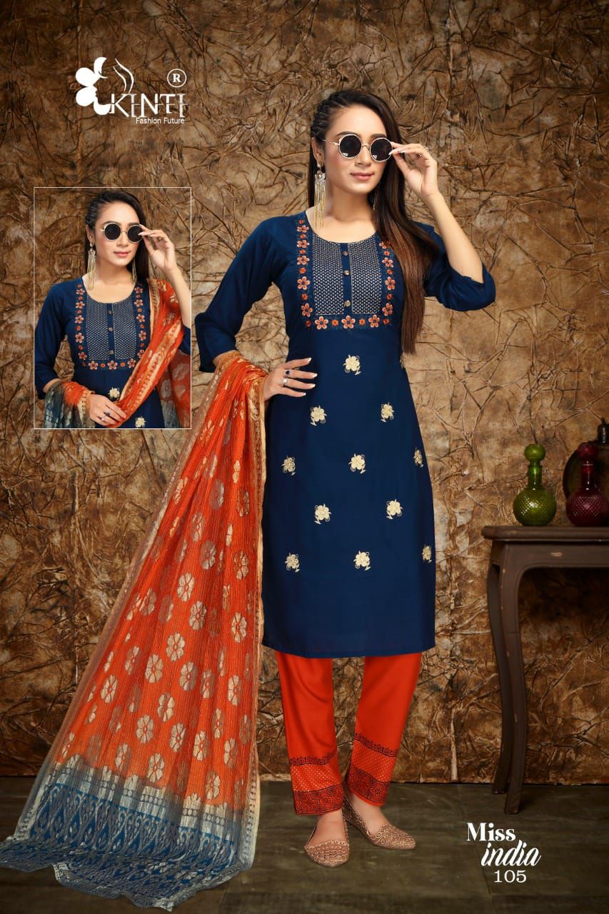 Kinti Miss India Festive Wear Rayon Top Pent And Dupatta Ready Made Collection
