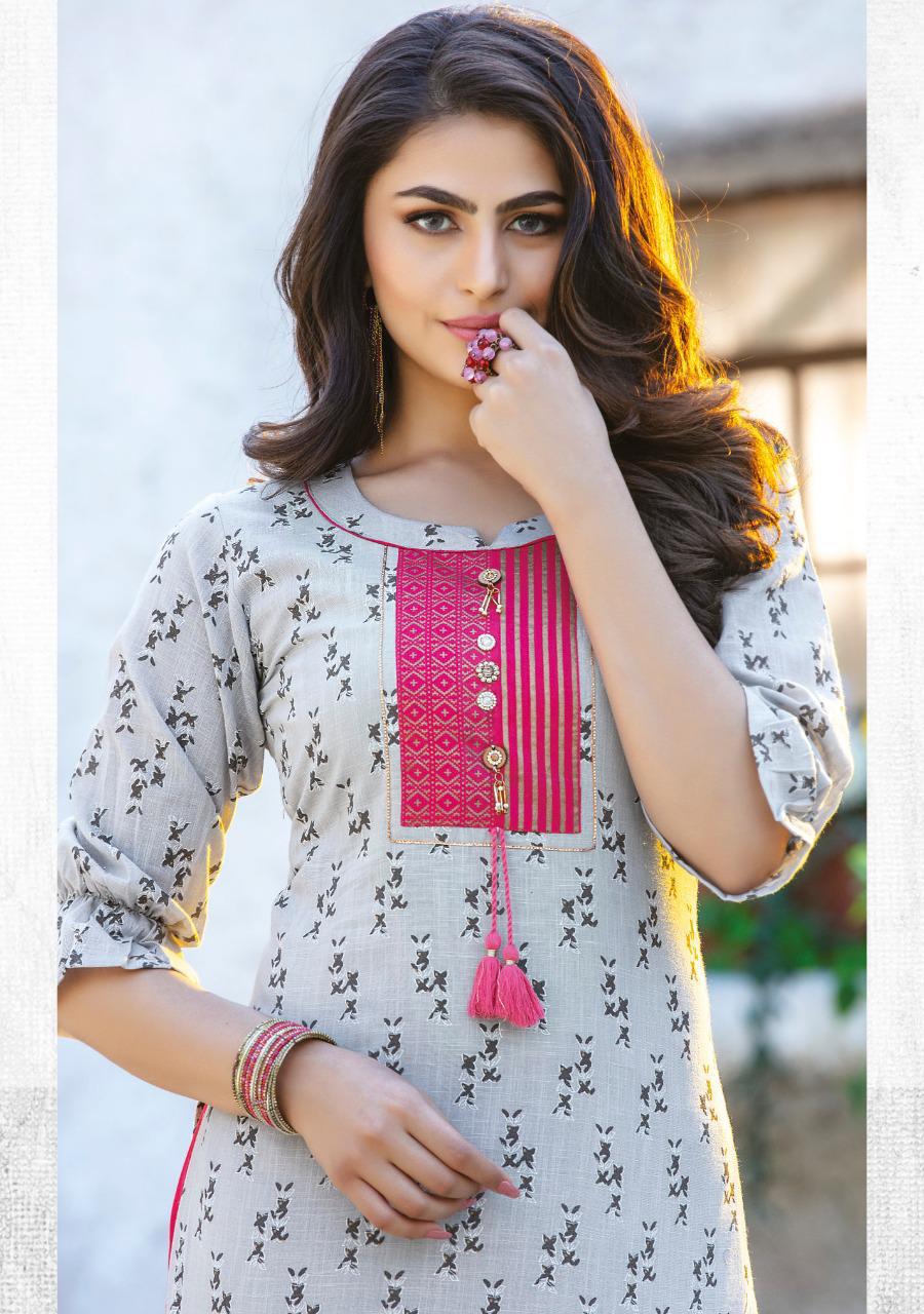 KIANA FITOOR Fancy Designer Festive Wear Rayon With Cotton Printed And Hand Work Kurtis With Bottom Collection