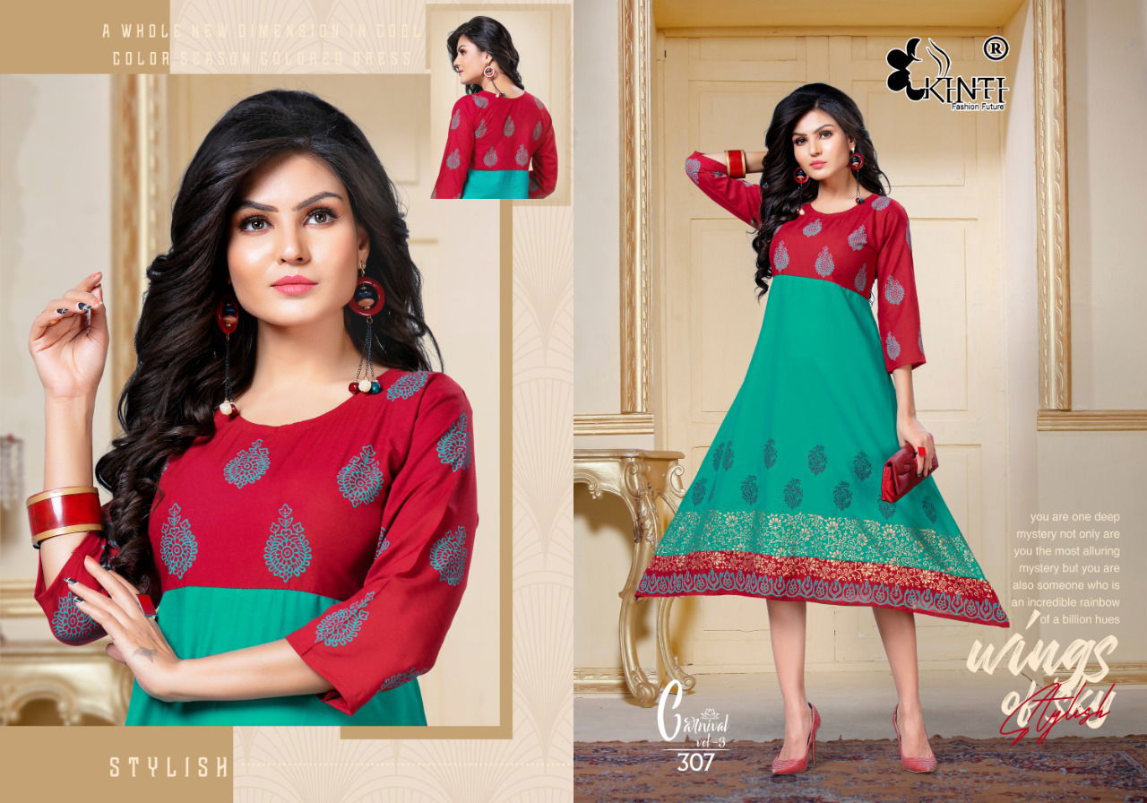 Kinti Carnival Anarkali Casual Wear Designer Printed Rayon Kurtis Collection
