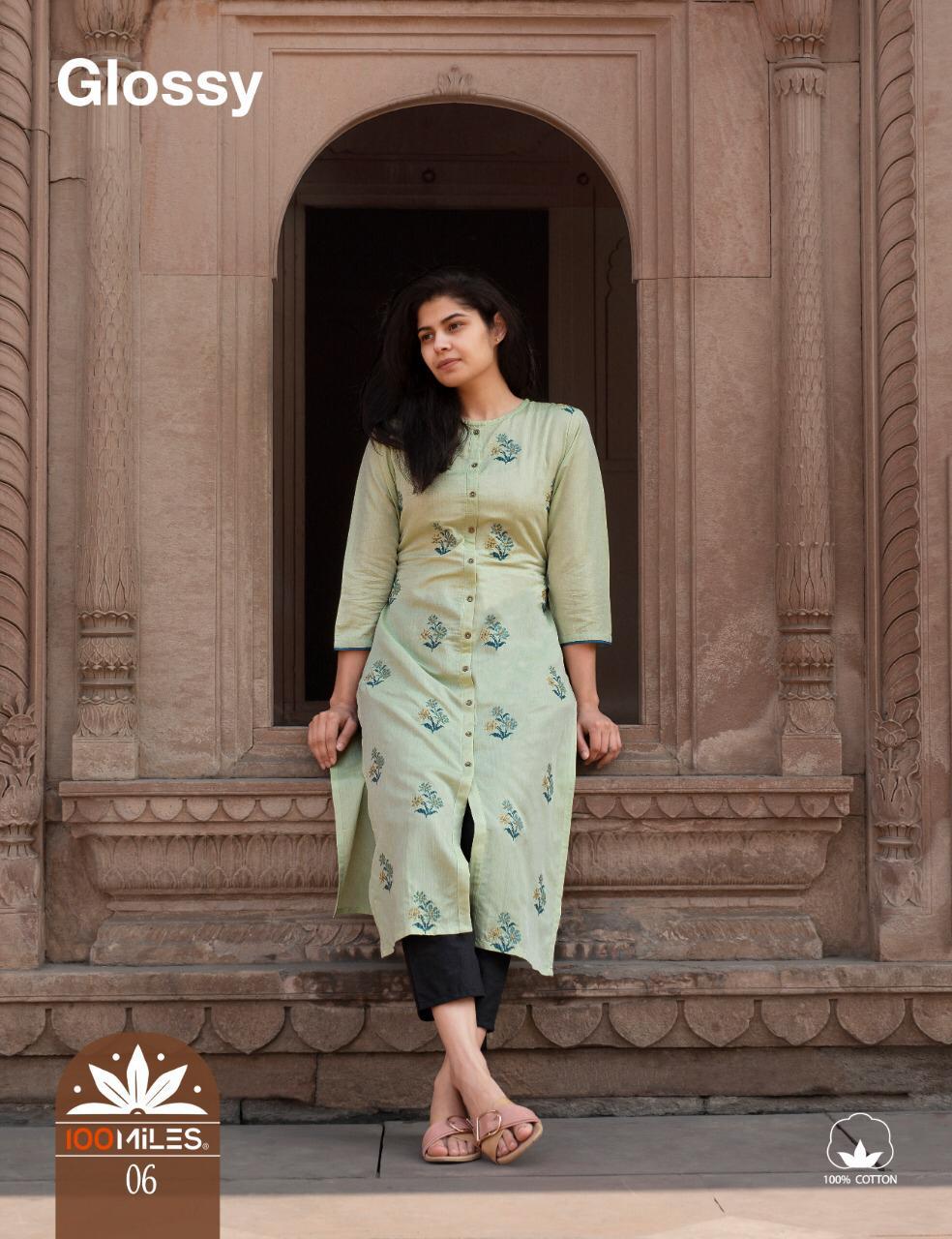 100MILES GLOSSY Jam Cotton Designer Embroidered Party Wear Kurtis Collectons