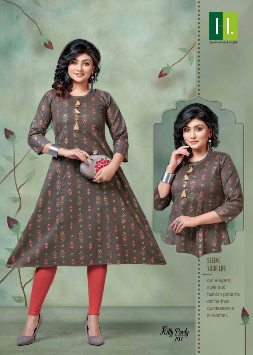 Hirwa Kitty Party 7.3 Latest Fancy Designer Casual Wear Ikkat Print Pure Cambric Cotton Flair Kurti Collection
