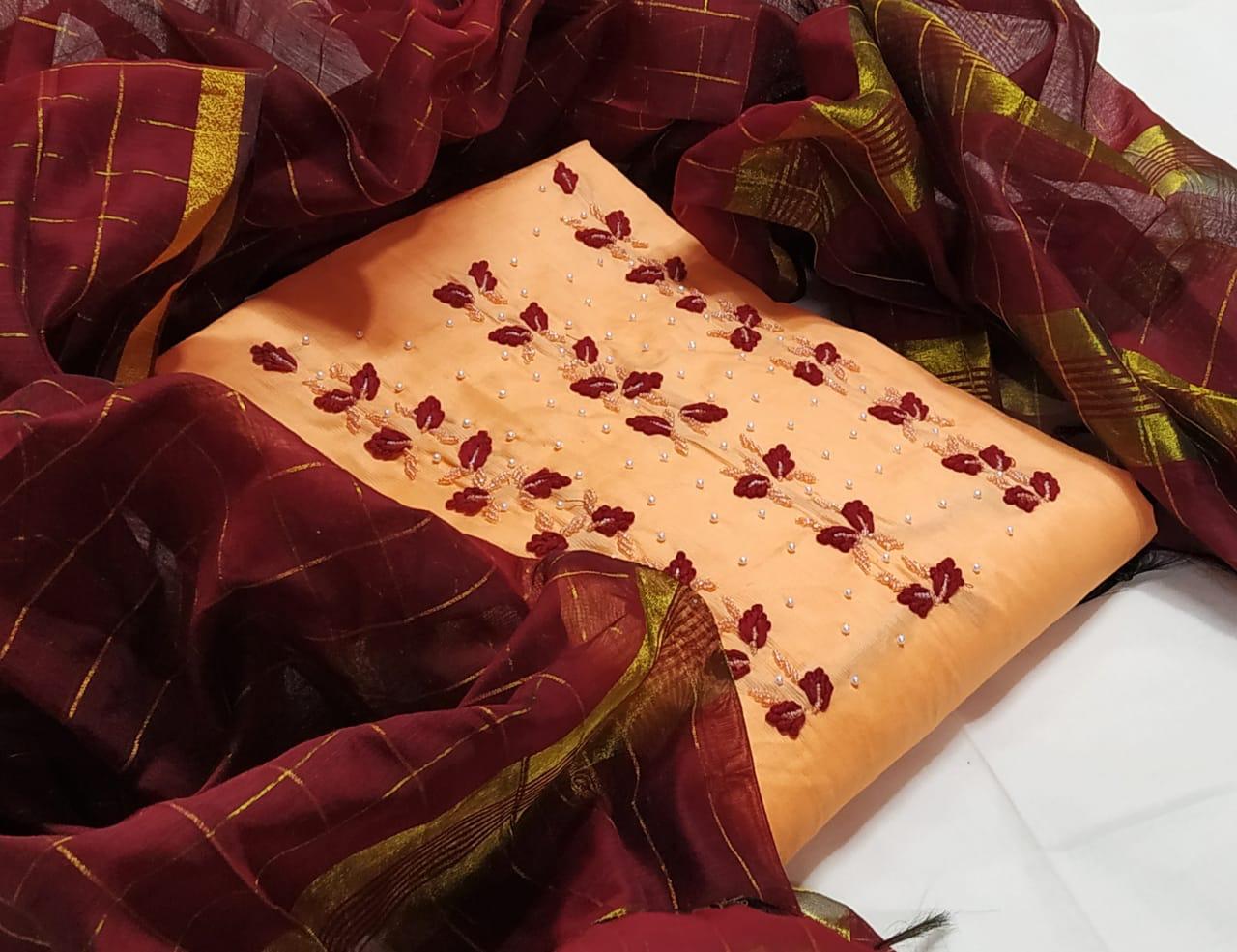 New Dress Material Collection Have Chanderi Handwork With Chanderi Chex Dupatta 