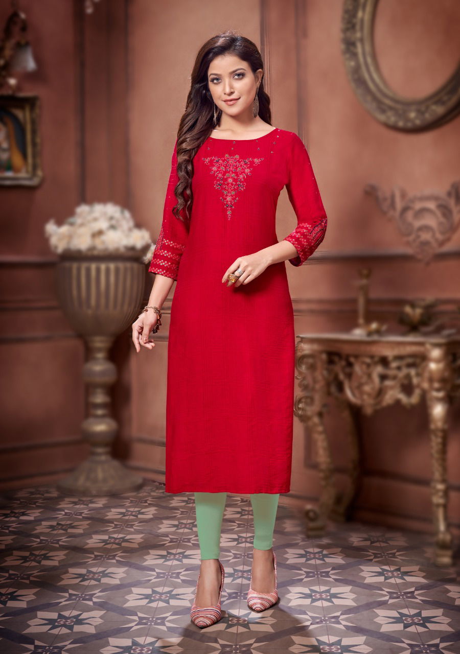 Koodee Veer 4 Fancy Party Wear Viscose Embroidery Khatli Work Designer Kurti Collection