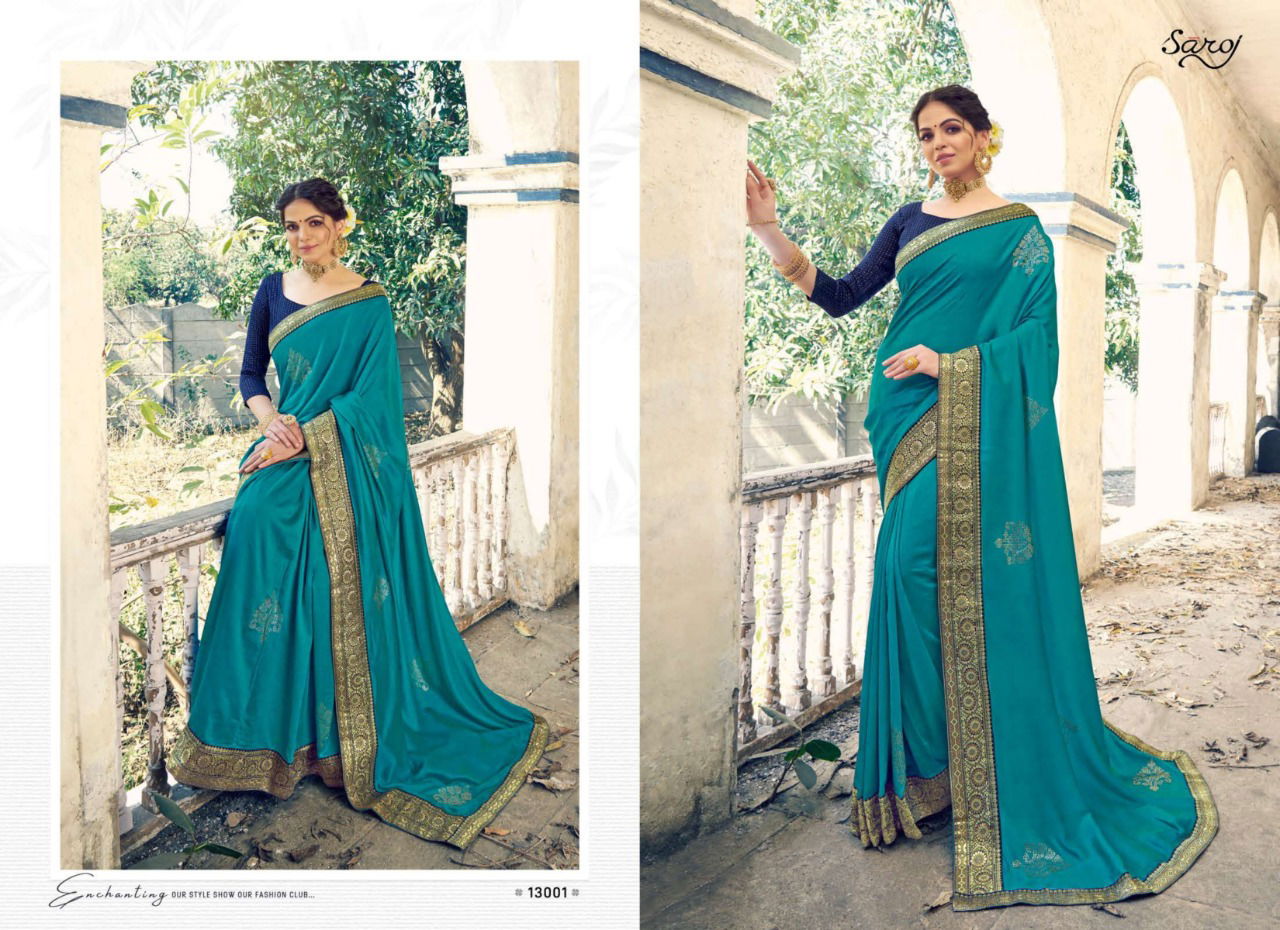 Saroj Tanvi Latest Fancy Festive Wear Designer Vichitra Silk With Beautiful Swarovski Butta And Banarasi Border Saree Collection
