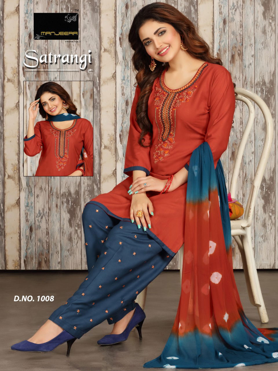 Satrangi Latest Casual Wear Rayon Worked Top With Salwar And Nazneen Dupatta Readymade Collection
