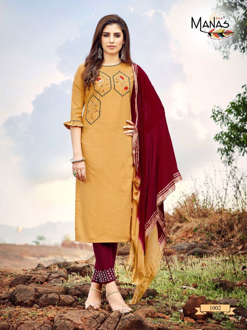 Manas Kaara Latest Casual Wear Rayon Fancy Dolby weaving with Embroidery work Readymade Collection
