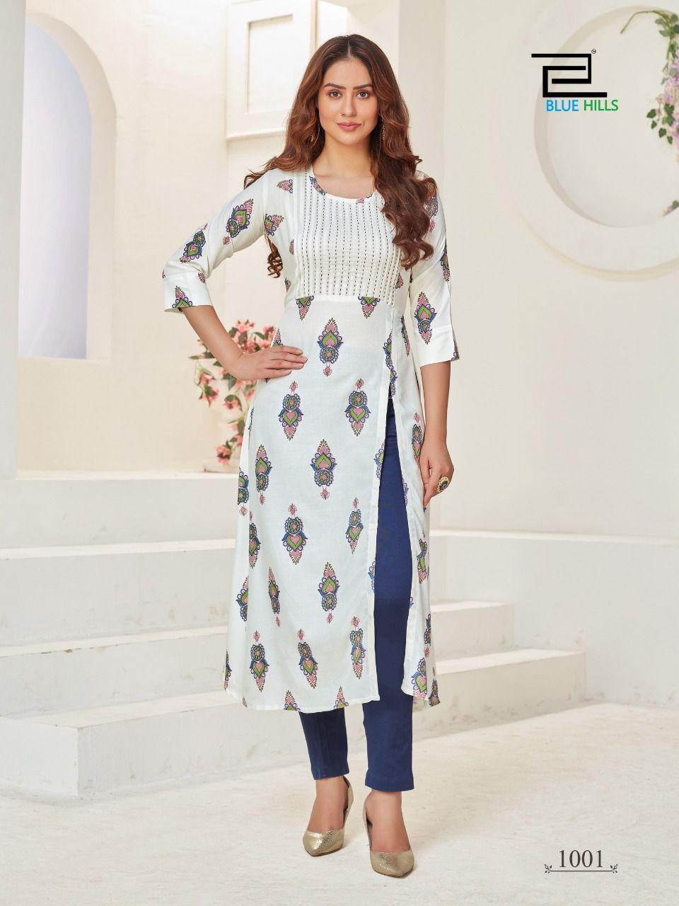 Blue Hills First Date 3 Latest Designers Party Wear Long Printed Kurtis Collection
