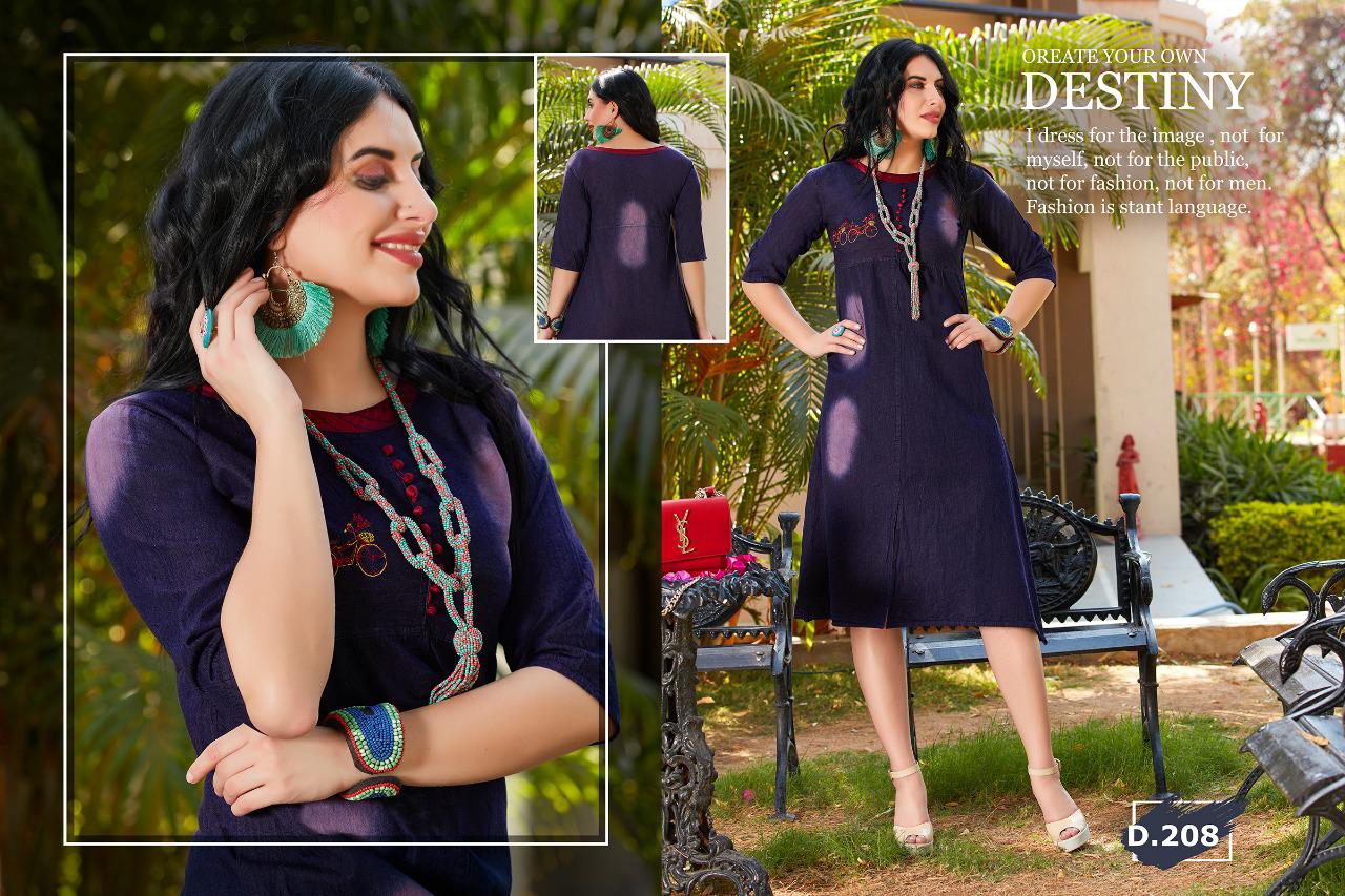 Trendy Destiny Blue Fancy Casual Wear Heavy denim cotton Designer Kurtis Collection
