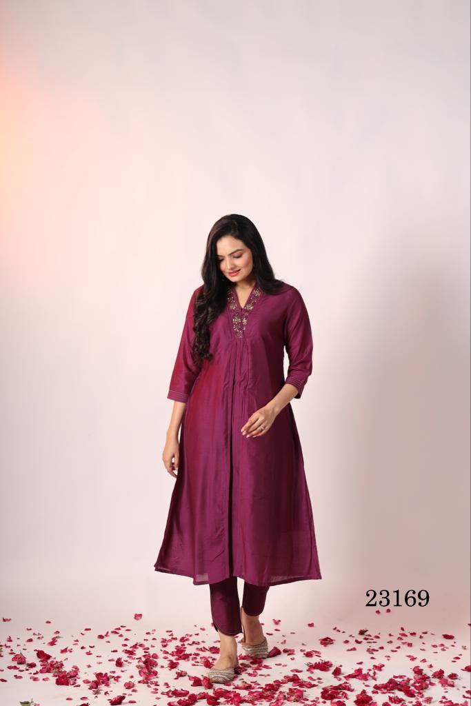 Indira 23166 Maroon Pure chanderi silk Kurti With Bottom Catalog
