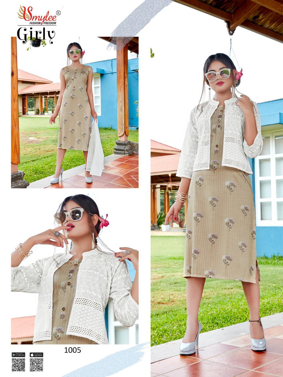 Smylee Girly Heavy Rayon Foil Printed Party Wear Kurti With Jacket Collection
