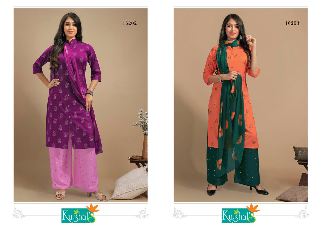 Kushals Meri Gold 3 Fancy Rayon Printed Regular Wear Kurti With Plazzo And Dupatta Collection