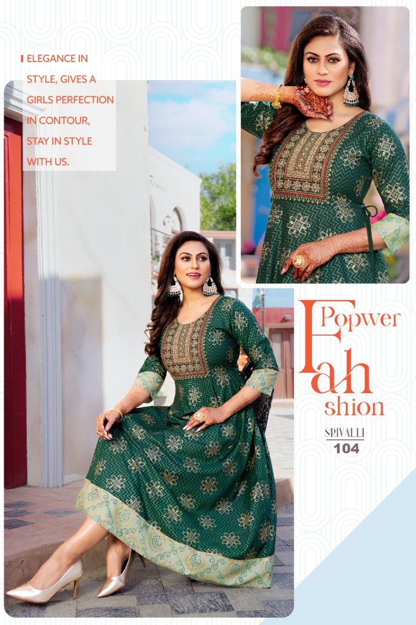 Akhand Jyot Srivalli Fancy Ethnic Wear Rayon Designer Long Kurti Collection