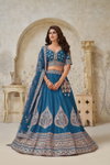 Teal Blue Colour Silk With Leaf Embroidery Work Lahenga With Blouse Dupatta Wholesale Price In Surat KF 2144
