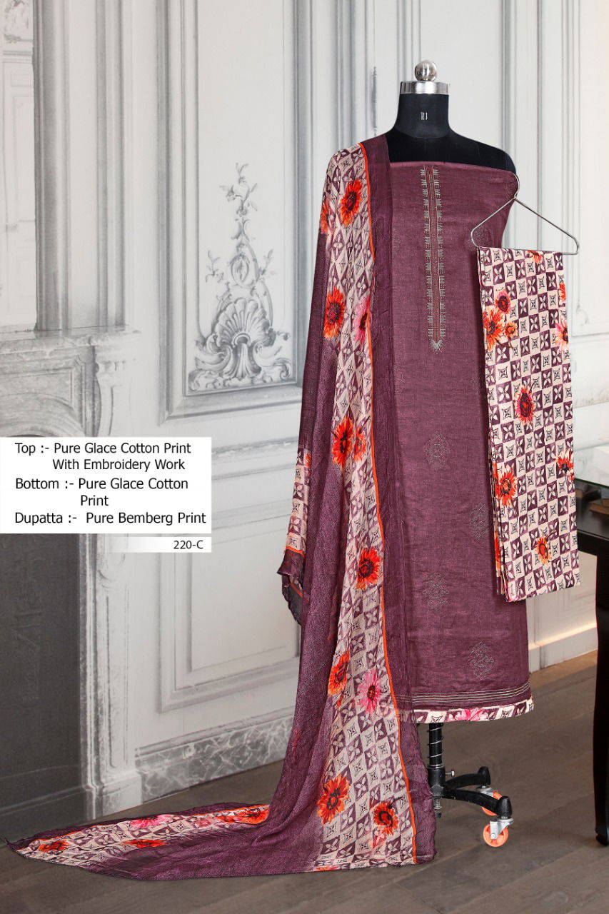 BIPSON 220 COLOURS Latest Designer Casual Daily Wear Cotton Glace Print with Embroidery work Dress Material 